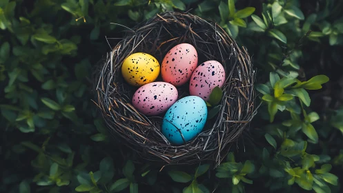 Speckled pastel eggs resting in a nest amid glossy leaves.