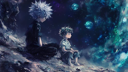 Stargazing kids trade quiet wishes with a swirling cosmos