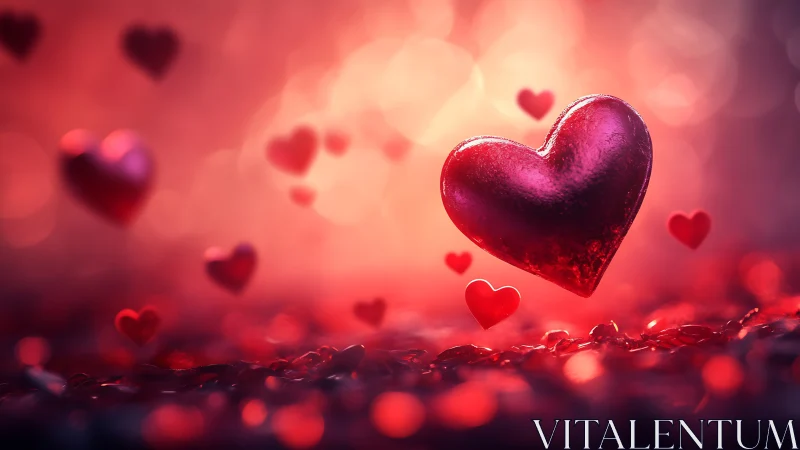 Red heart formations in bokeh background with particle elements.