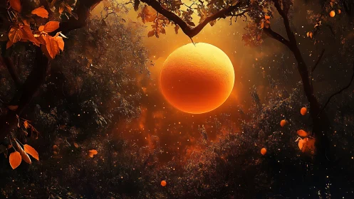 Glowing orange moon drifts gently above a twilight orchard