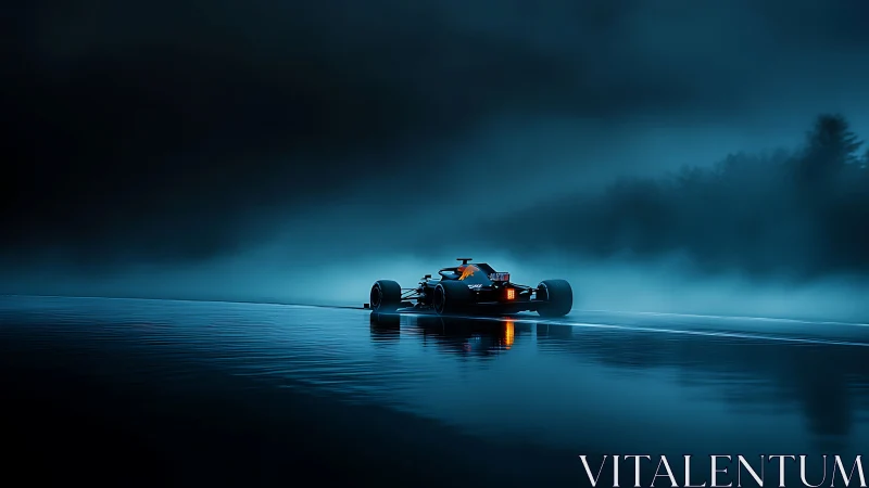 Formula car cuts through blue mist on a wet night circuit
