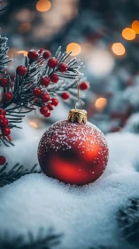 Red Christmas ornament hangs on snowy branch with berries