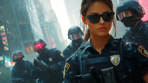 Calm officer in neon storm leading a futuristic patrol.