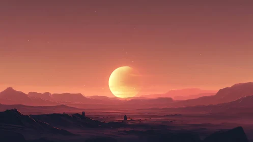 Heliocentric dusk over stratified alien basalt plains.