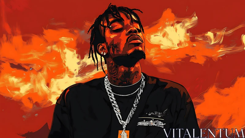 Confident rapper portrait set against blazing orange sky