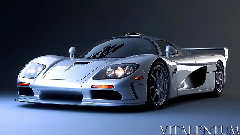 Silver supercar studio render with dramatic side lighting.