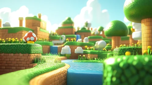 Sunny toyland hills with a friendly red mushroom buddy.