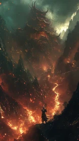 Lone warrior confronts a burning demonic citadel in chaos