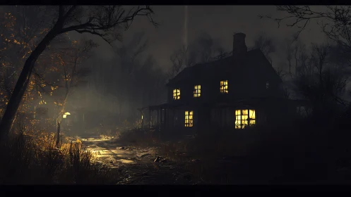 Lantern-lit path to a brooding farmhouse of restless glow.