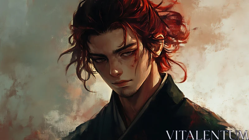 Battle-worn red-haired swordsman in moody chiaroscuro portrait