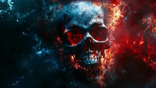 Infernal skull engulfed in blue smoke and dynamic red fire.