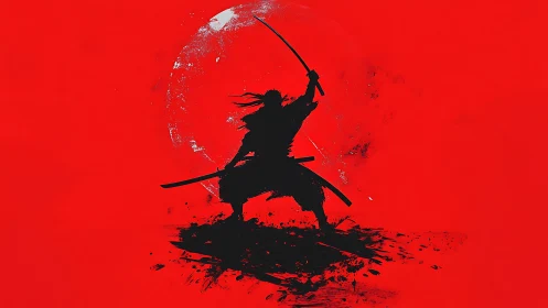 Samurai silhouette with raised katana on red battlefield.