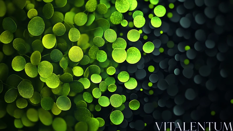 Green circular particles on dark abstract blurred background.