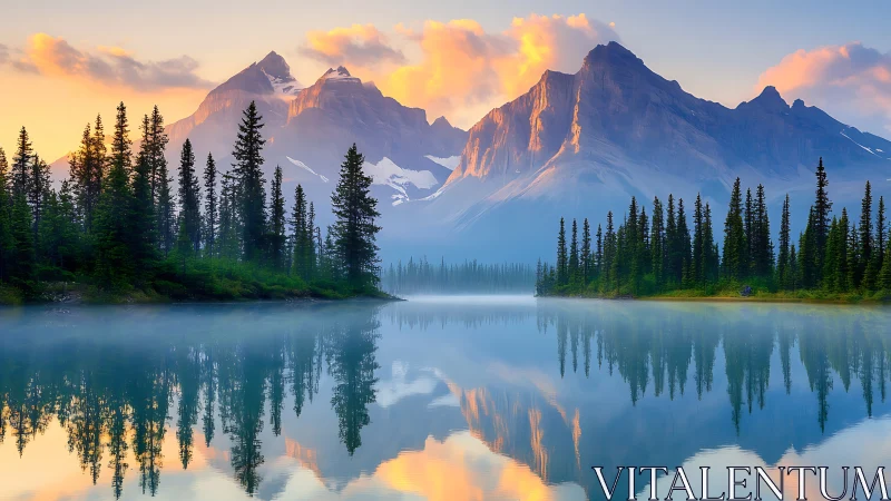 Glacial peaks reflect in misty alpine lake with mirrored conifers