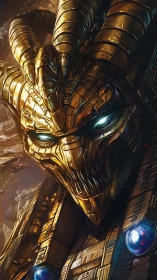 Gilded horned mechanoid warlord with luminescent ocular cores