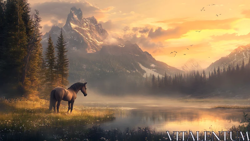 Quiet horse enjoys a misty mountain lake at golden sunset
