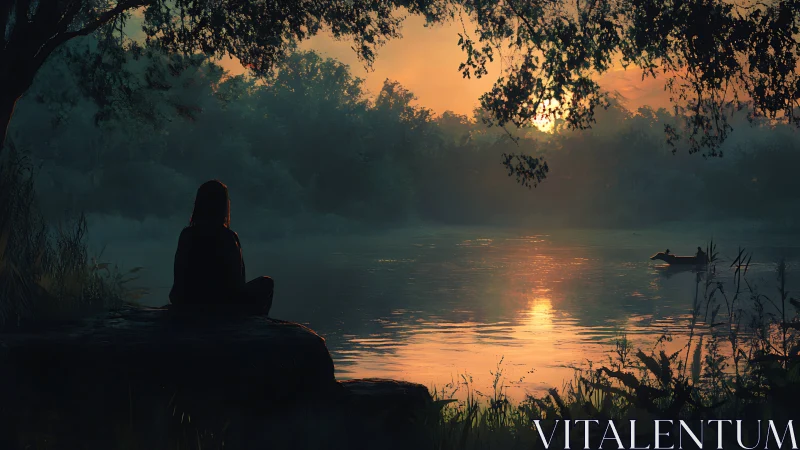 Solitary river dreamer bathing in amber dusk reflection.