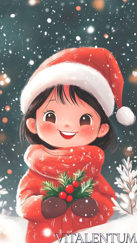 Smiling child in Santa hat holding winter greenery.