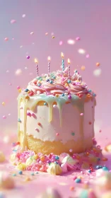 Colorful Birthday Cake with Lit Candles on Pink Background.