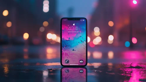 Neon Dreamscape Pocket Computer Glows Against Urban Twilight