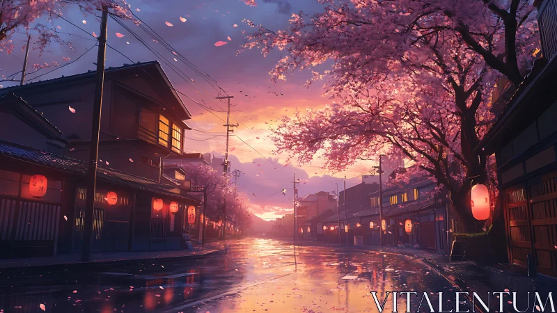 Evening street with cherry blossoms and lantern-lit buildings.