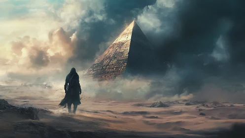 Lone wanderer approaches storm-wrapped pyramid in desert.