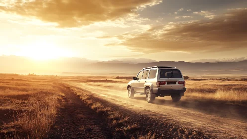 Off-road SUV on dusty rural track at golden hour sunset