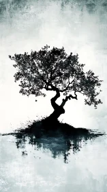 Solitary inked tree with mirrored reflection silhouette.