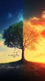 Digital painting of dual-season tree in split diurnal landscape.