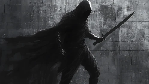 Hooded shadow assassin poised with sword against stone wall.