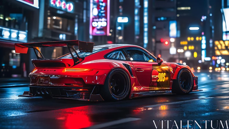Red Porsche GT race car dominates neon wet city street