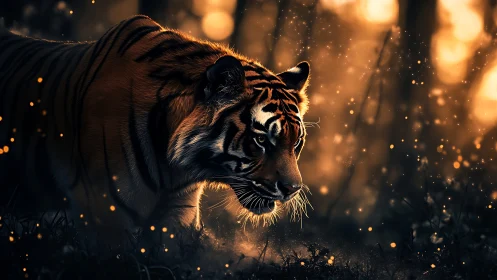 Tiger in emberlit forest, moving through golden dusk hush.