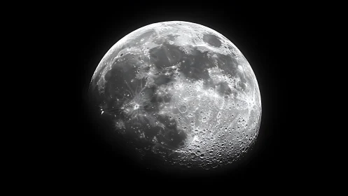 High-contrast lunar hemisphere in telescopic monochrome study.