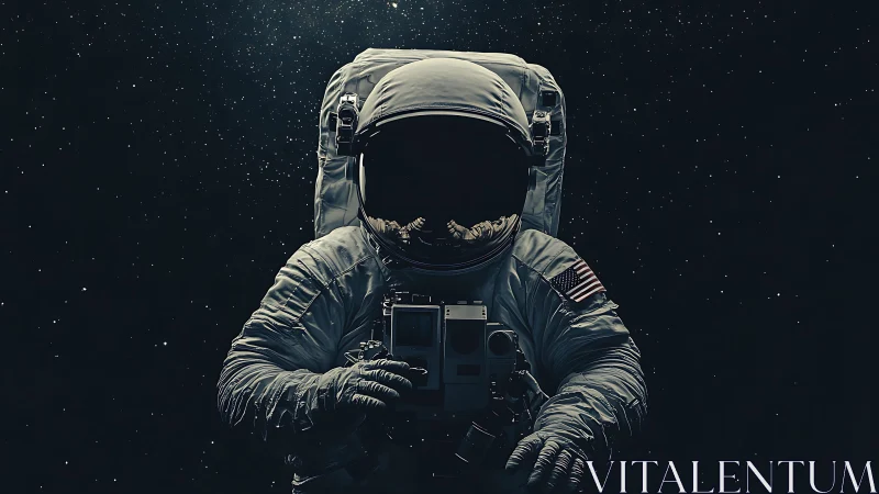 Astronaut in deep space holding camera against star field.