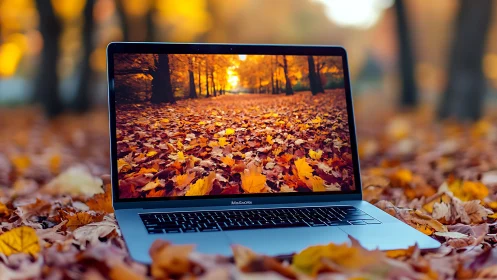 Laptop screen mirrors golden autumn forest floor perfectly.