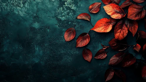 Crimson autumn leaves rest over deep textured teal ground.
