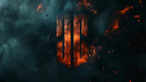 Burning orange emblem floats amid dense smoke and sparks