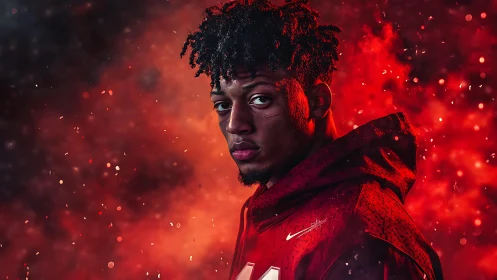 Cinematic red-lit football portrait with embers and hoodie