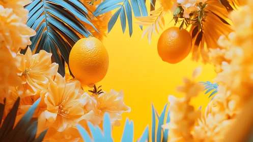 Citrus fruit with stylized foliage on monochrome backdrop.