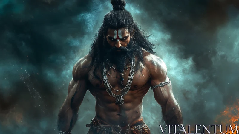 Storm-lit warrior sage emerges from swirling sacred smoke.