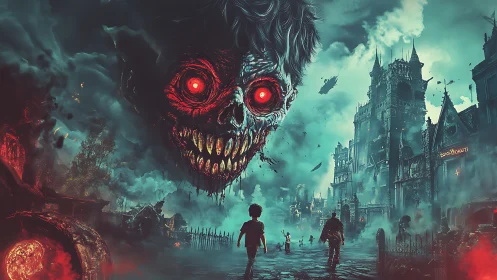 Gigantic demon skull looms over misty ruined cityscape.