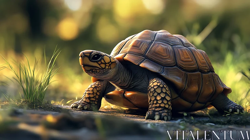 Sunlit tortoise close-up with glossy patterned shell detail.