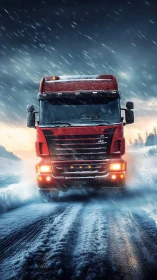 Blazing red freight titan storms through a midnight blizzard.