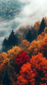 Misty Forest Canopy: Autumn Foliage Through Clouds.