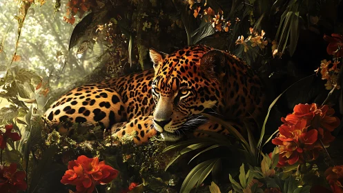 Jaguar Resting Among Red Flowers in Dense Jungle