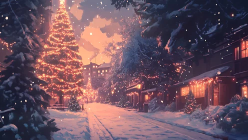 Snow covered street shows large Christmas tree with lights
