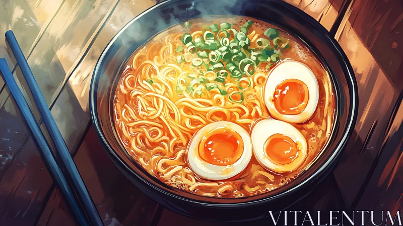 Sunlit ramen lagoon swirls beneath three molten yolk moons