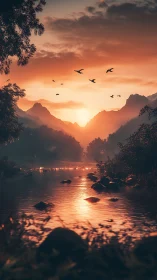 Sunlit river valley with distant mountains at sunset.