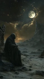 Hooded figure in desolate moonlit desert landscape.