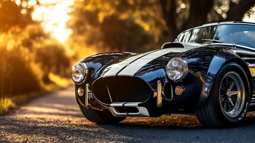 Classic roadster stands on sunlit rural asphalt surface